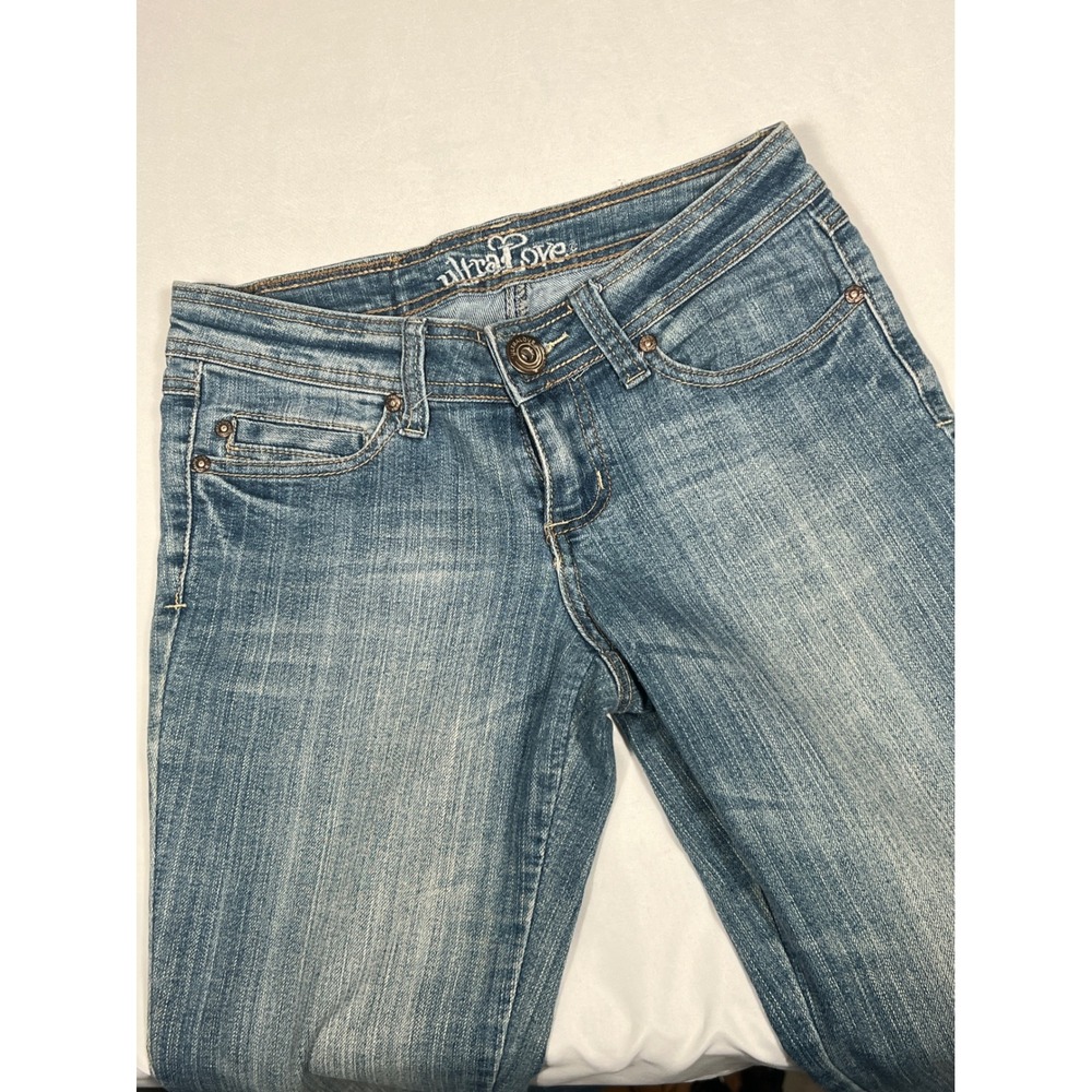 Ultra Love Womens Flare Leg Jeans Medium Wash Blue Low Rise DE-2250UD Size 1